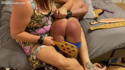 HARD OTK handcuffed bare butt paddling with new implements until she makes me go numb